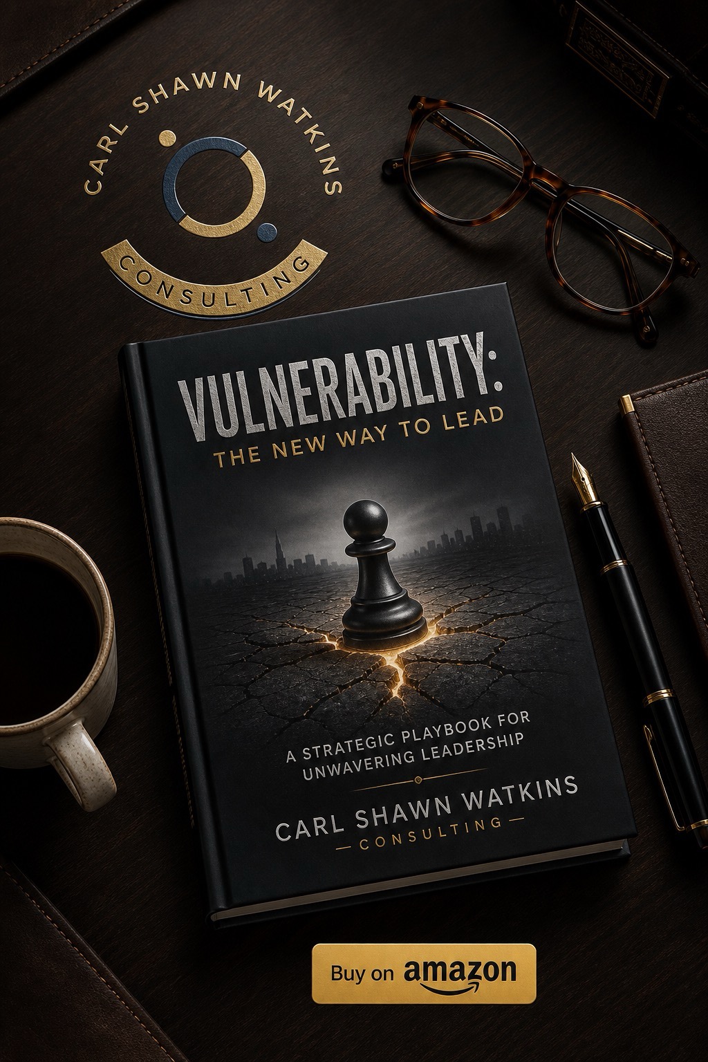 Vulnerability: The New Way to Lead by Carl Shawn Watkins — the book on a dark surface with a mug, eyeglasses, a pen and a leather notebook