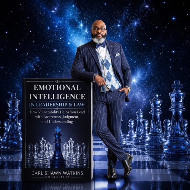 Carl Shawn Watkins beside the new cover in the Vulnerability in Leadership & Law series — Emotional Intelligence in Leadership & Law: How Vulnerability Helps You Lead with Awareness, Judgment, and Understanding