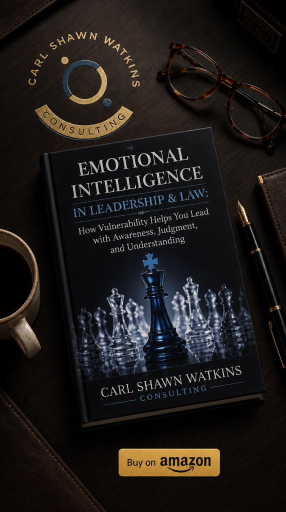 Emotional Intelligence in Leadership & Law by Carl Shawn Watkins — the book on a dark wood surface with tortoiseshell glasses, a fountain pen, a leather notebook and a ceramic mug